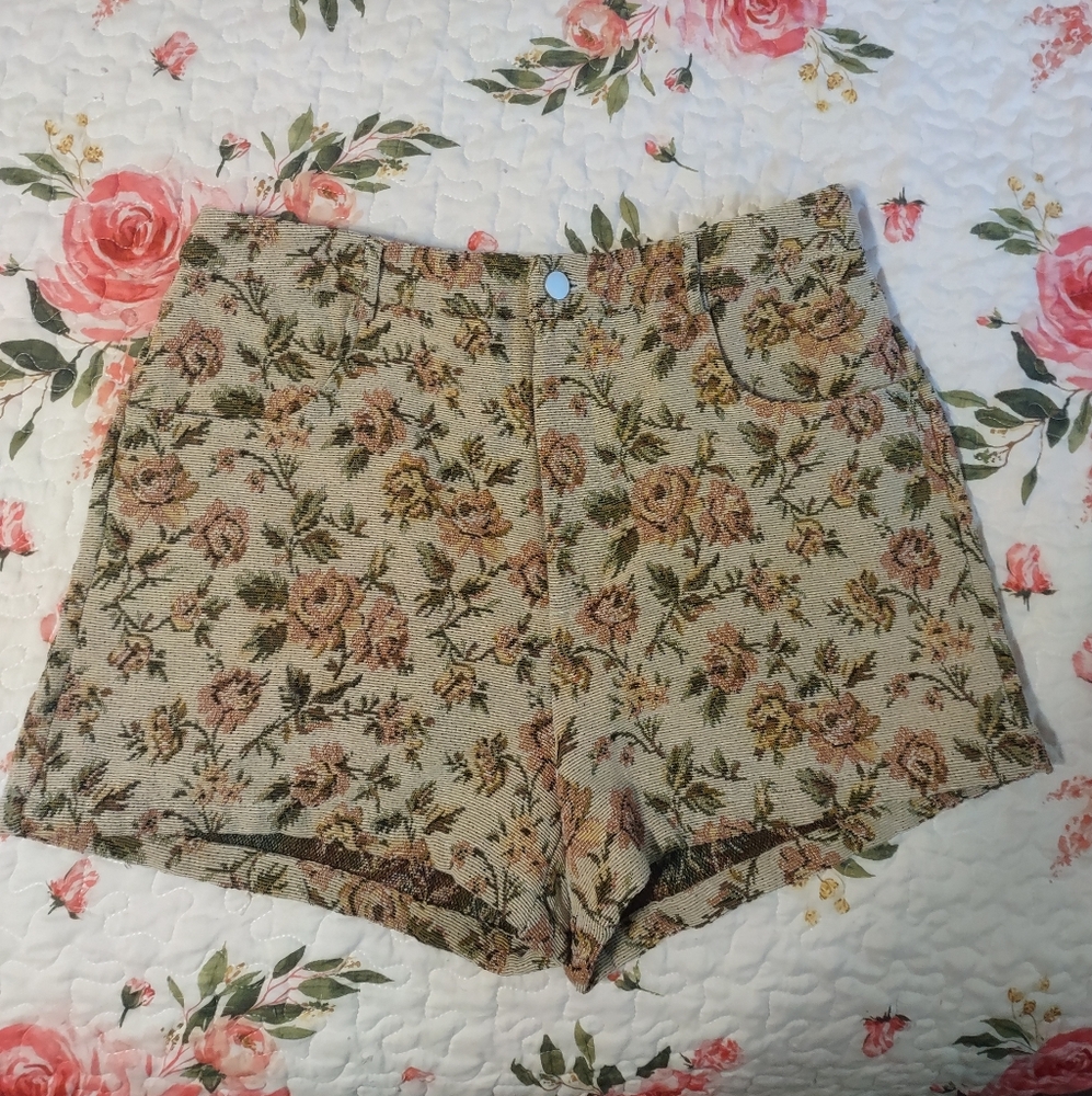SHEIN Cream and Pink High Waist Shorts with Floral Design